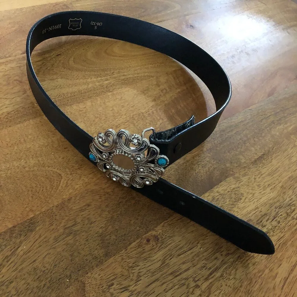 Black Leather Belt with Large Silver Buckle: Rhinestone and Turquoise, Small